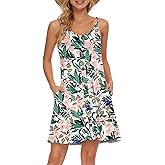 MISFAY Women Summer Spaghetti Strap Button V Neck Sleeveless Causal Beach Cover Up with Pocket(Flower Pink White,M)