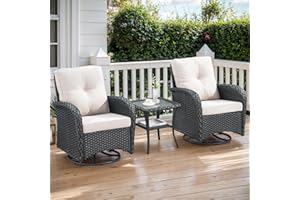 Artfurniz Outdoor Swivel Glider Rocker Chairs - 3 Piece Patio Furniture Set, Patio Bistro Sets with Tempered Glass Side Table, for Balcony, Porch - Black Wicker, Beige Cushion