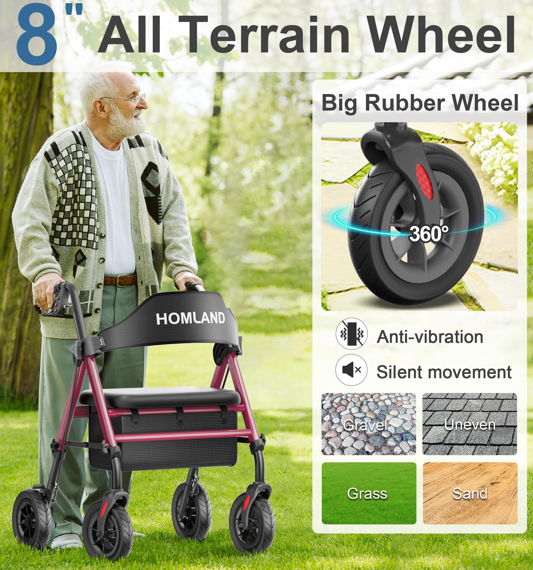 HOMLAND Walkers for Seniors with Seat, Foldable Rollator Walker, Reinforced Aluminum Frame, 8