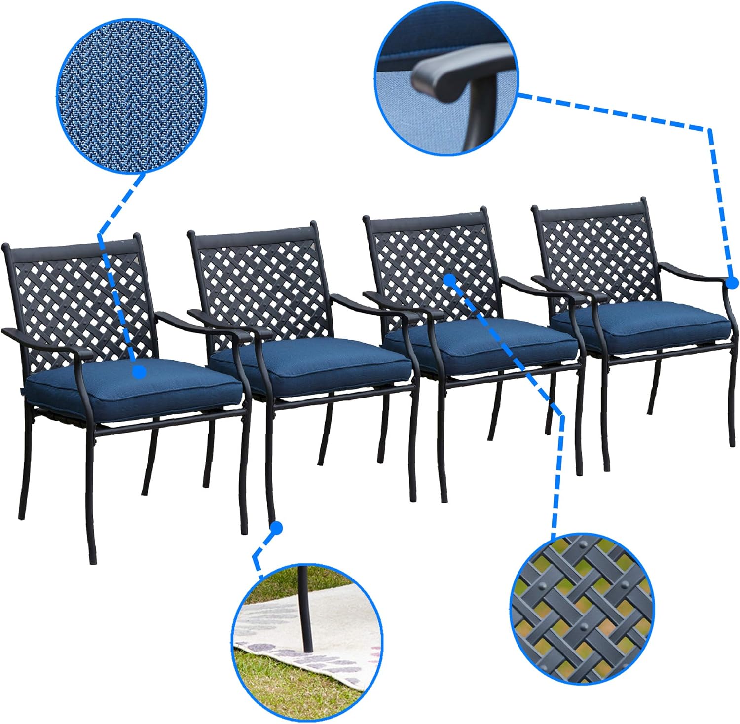 LOKATSE HOME 4 Piece Outdoor Patio Metal Wrought Iron Dining Chair Set with Arms and Seat Cushions - Blue : Garden & Outdoor