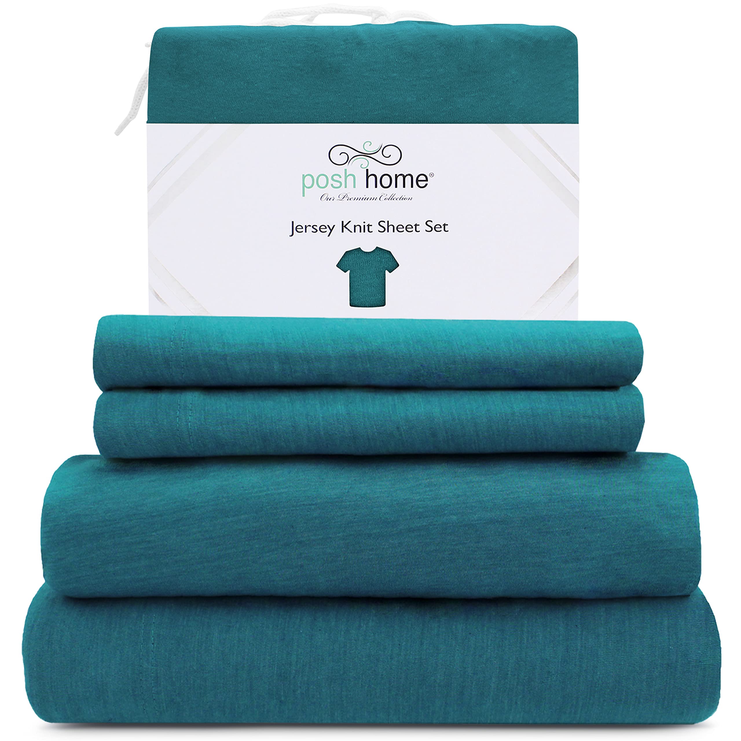 Photo 1 of Posh Home Jersey Knit Sheet Set – 4-Piece Jersey Bed Sheets – T-Shirt Breathable & Soft Cotton Jersey Sheets - Includes Flat Sheet, Jersey Fitted Sheet, & 2 Pillowcases - Queen Jersey Sheets, Teal