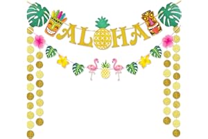 WERNNSAI Hawaiian Aloha Party Banner Decorations - Flamingo Pineapple Tiki Tropical Luau Party Supplies Favors Large Gold Glittery Aloha Sign Flag for Birthday Wedding Summer Beach Pool
