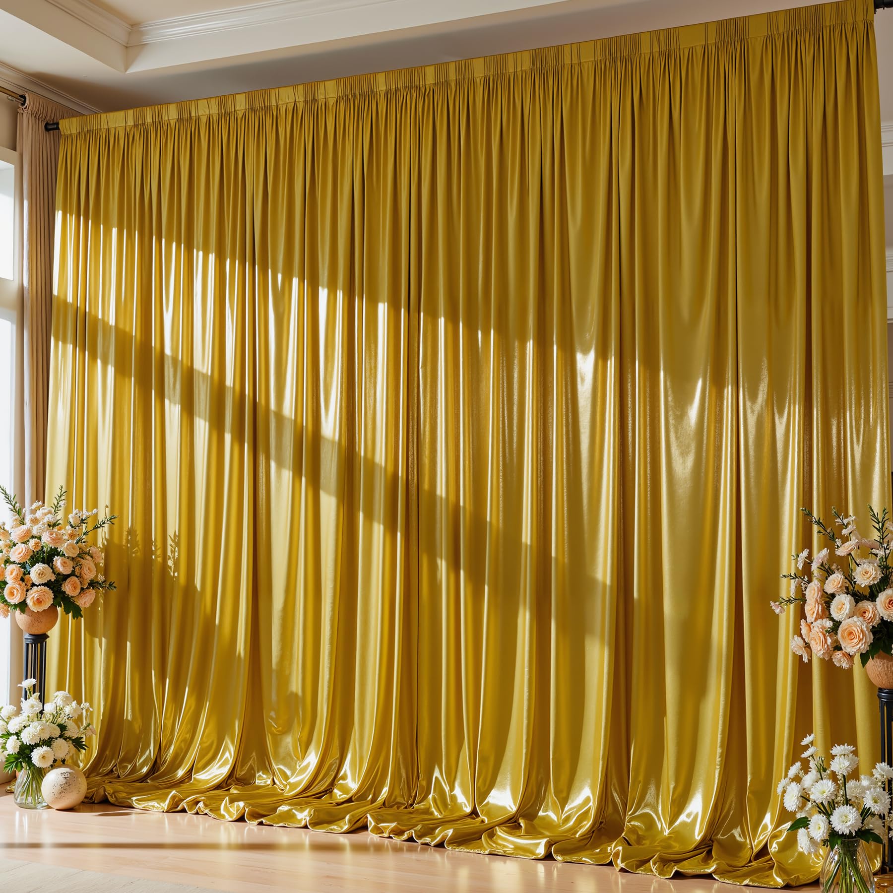 Photo 1 of 10x10ft Dark Gold Glitter Backdrop Curtain for Parties, Wrinkle Free Satin Photo Backdrop Drapes 2 Panels 5x10FT Shimmer Back Drop Cloth for Wedding Birthday Christmas Photography Background Decor