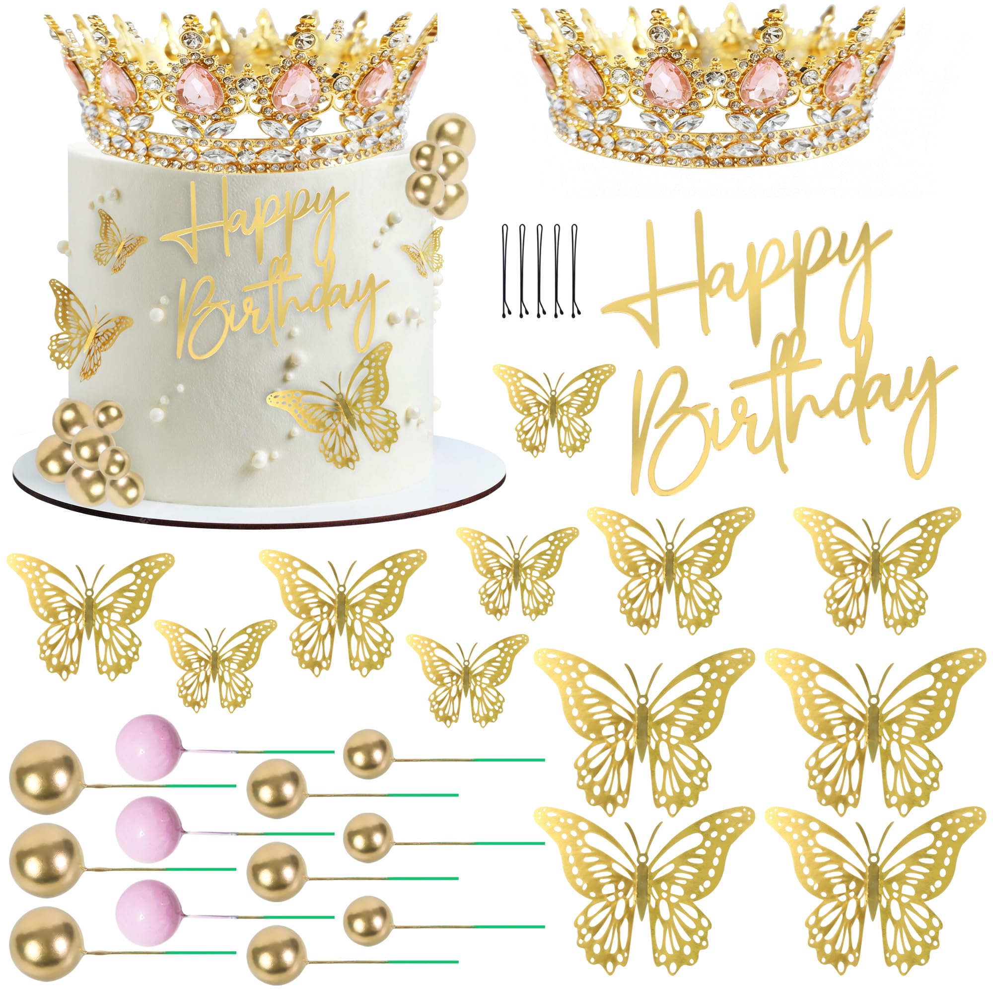 Ucatcher Crown Cake Topper Pink Gold Happy Birthday Cake Toppers Crown Balls Butterflies Corona Para Pastel Cake Decorations for Women Princess Queen Wedding Party Decorations