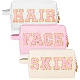 Sotiff 3 Pcs Preppy Patch Makeup Bag Hair Face Skin Cosmetic Bag Travel Toiletry Bag for Women Chenille Letters Patch Bag with Handle Waterproof Portable Preppy Purse Zipper Pouch for Girls
