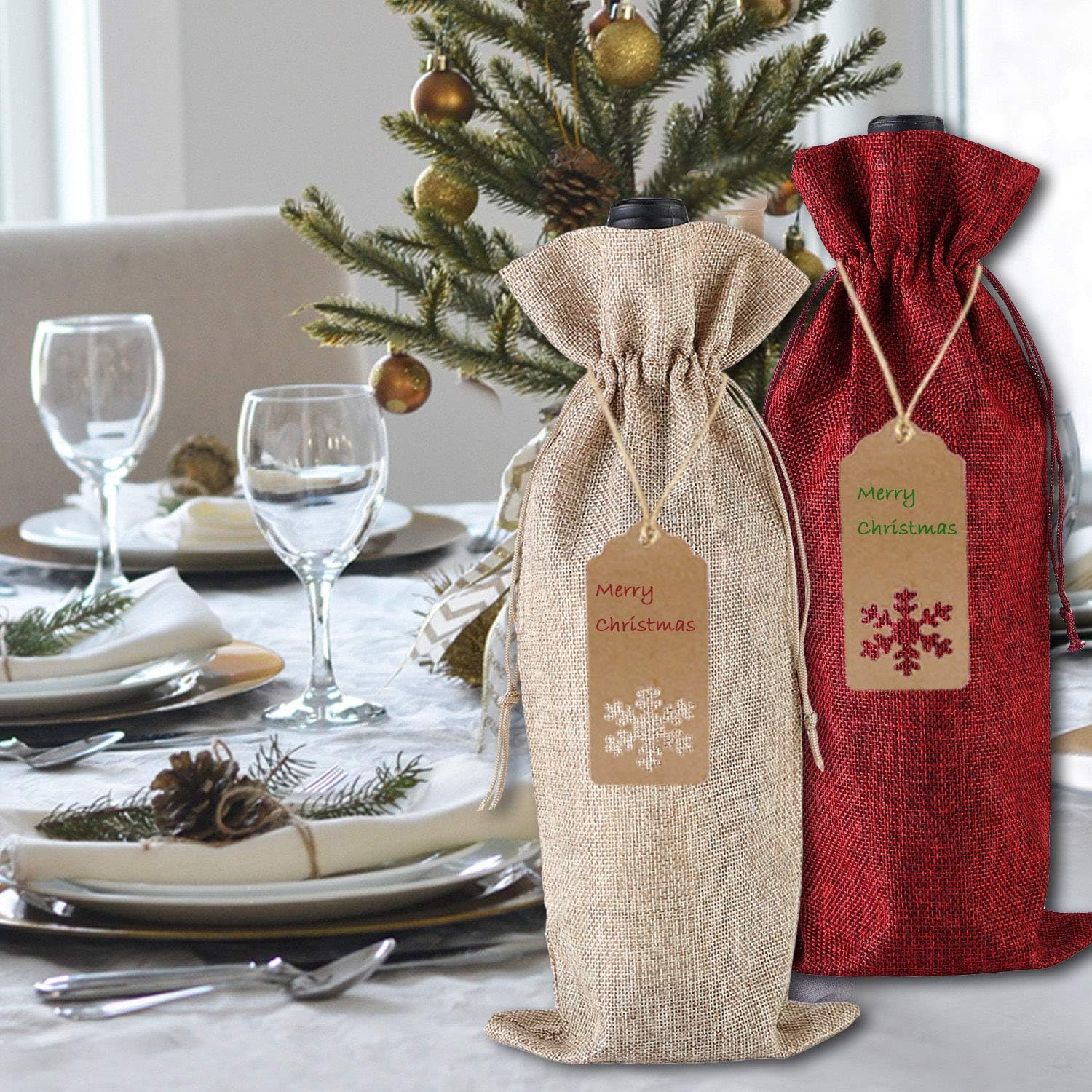 Burlap Wine Gift Bags, 24 Pcs Jute Drawstring Wine Bottle Covers with Tags and Ropes for Christmas Wedding, Travel, Birthday - Image 4