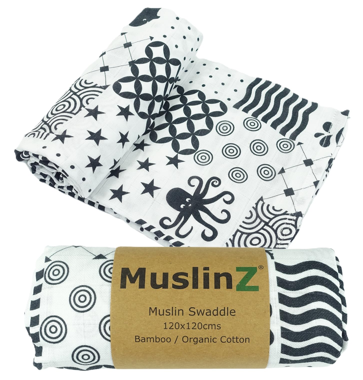 MuslinZ Newborn Sensory Muslin squares in Black and White for Visual Stimulation and Play, Tummy Time, Exlarge Muslin for baby, Bamboo with Organic Cotton. (Sensory, 120x120cms)
