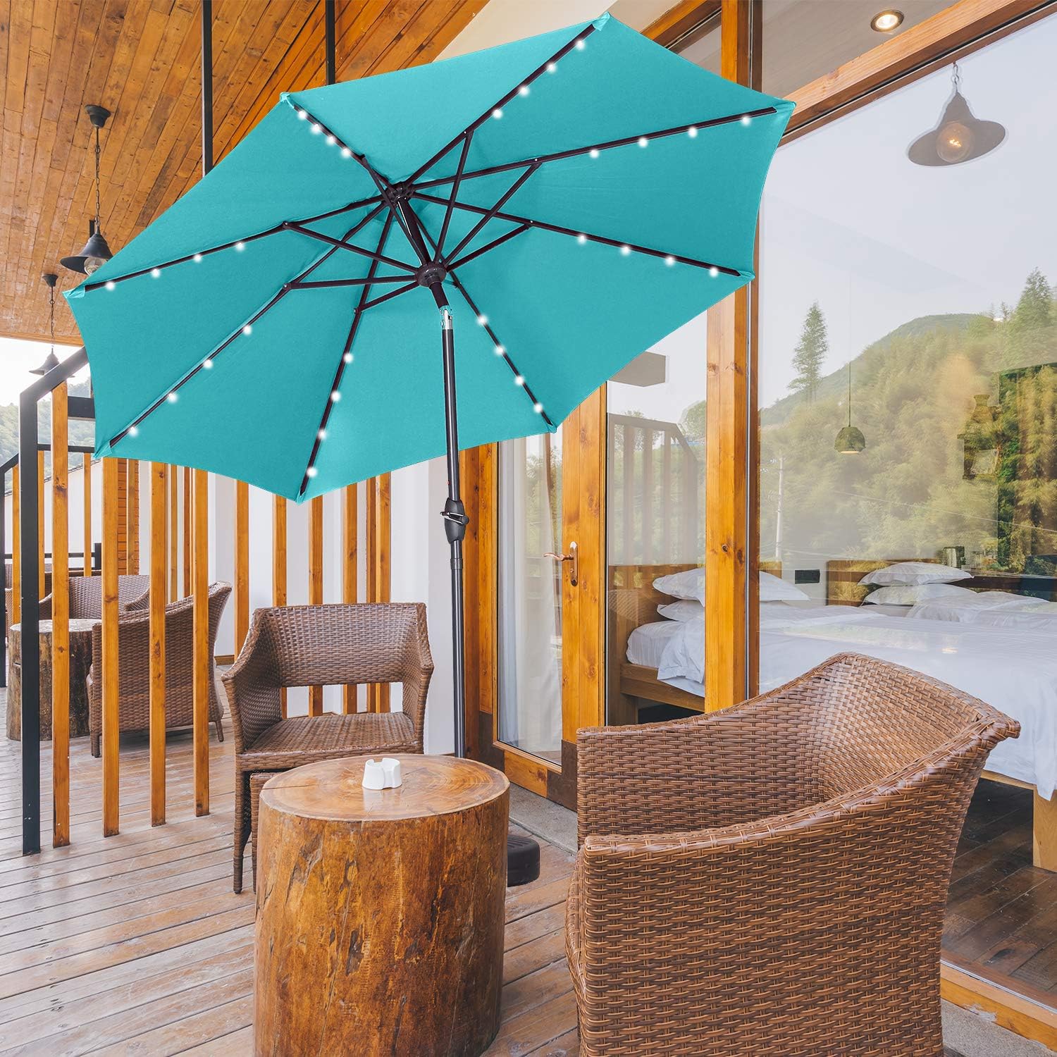 Amazon Com Klismos 9 Ft Patio Umbrella With 32 Lights Outdoor Table Market Umbrella With Tilt Crank 8 Sturdy Ribs Lake Blue Garden Outdoor