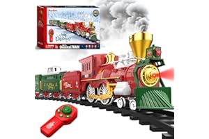 Hot Bee Christmas Train Set with Remote Control Train Toys w/Smoke, Lights & Sound, Christmas Train Sets for Around The Tree, Toy Train for Kids Train Set for 3 4 5 6 7+ Years Old Boys Gifts
