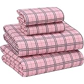 RUVANTI Flannel Sheets King Size - 100% Cotton Double Brushed King Size Sheets Set - Deep Pockets 16 Inches Bed Sheets - All Seasons Breathable & Extra Soft - Warm & Cozy, 4 Piece, Check & Bolt Pink