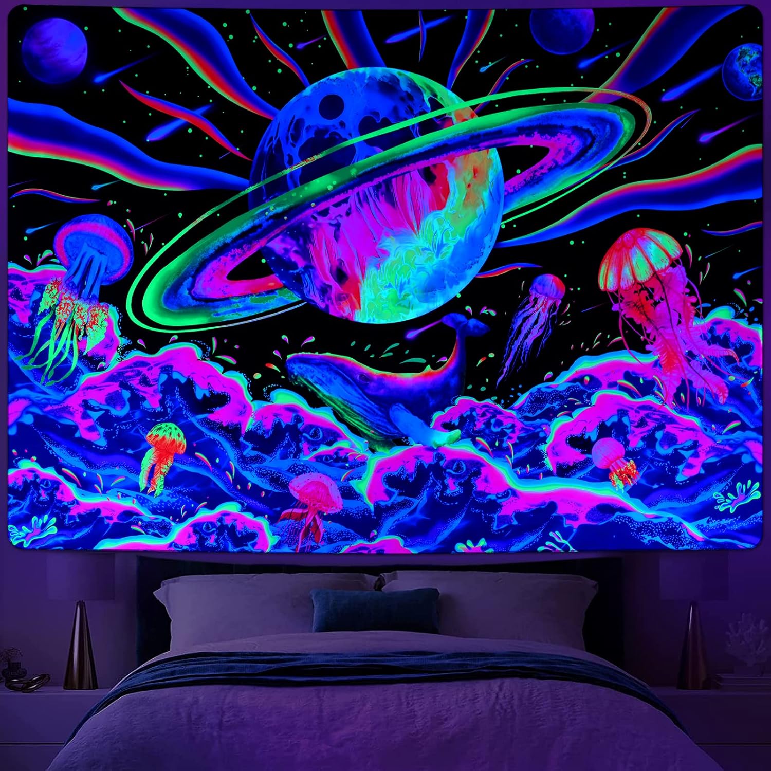 Tapestries - Uspring Blacklight Tapestry Trippy Space Tapestries UV Reactive Planet Tapestry Neon Sea Wave Jellyfish Tapestry, Glow in the Dark Galaxy Wall Hanging Tapestry for Bedroom (51.2 x 59.1 inches)