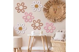 Zeyune 6 Pcs Boho Nursery Daisy Flower Wall Art Decor Woven Macrame Wall Pediments Boho Daisy Floral Nursery Art Decor for Home Bedroom Decorations(Classic Color,Yarn and Cotton Rope)