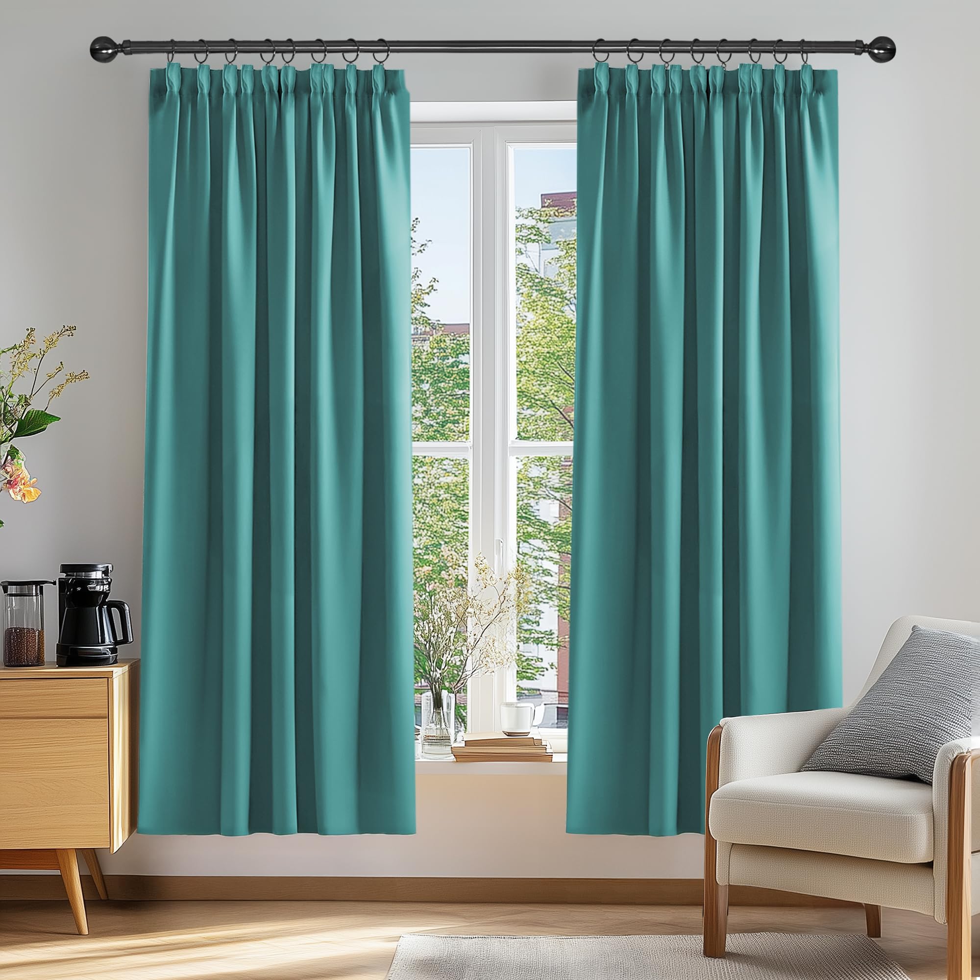 Deconovo Solid Thermal Insulated Curtains Pencil Pleat Blackout Curtains for Bedroom 46 x 72 Turquoise 2 Panels