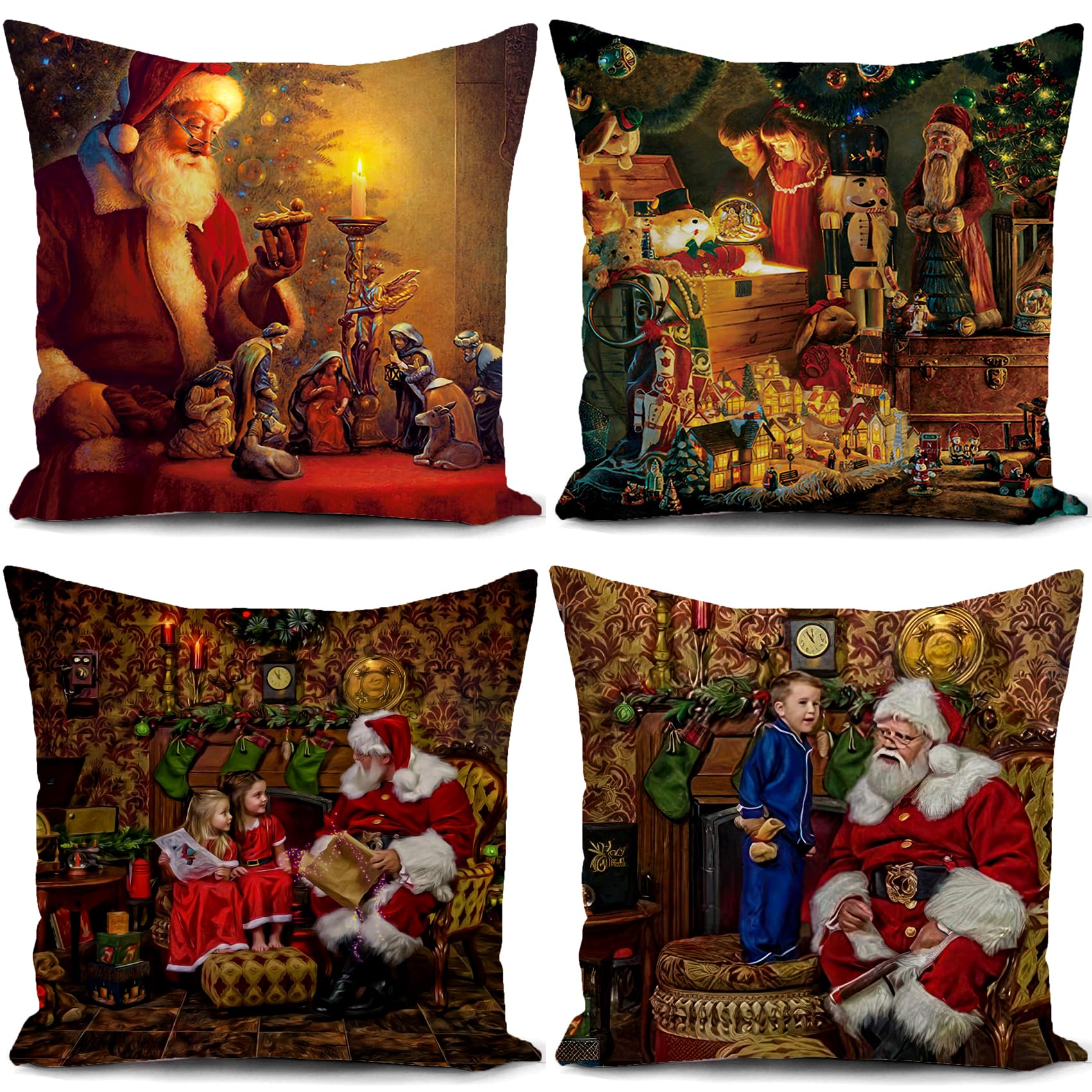 HUASHUZI Christmas Cushion Covers Xmas Decorations Throw Pillow Cover Brown Santa Claus Set of 4 Decor for Party Family Home Sofa Livingroom 18x18 Inch (45x45cm)