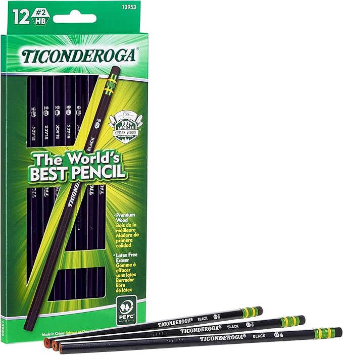 Ticonderoga Pencils, WoodCased Graphite, 2 HB Soft, Black, 12Pack