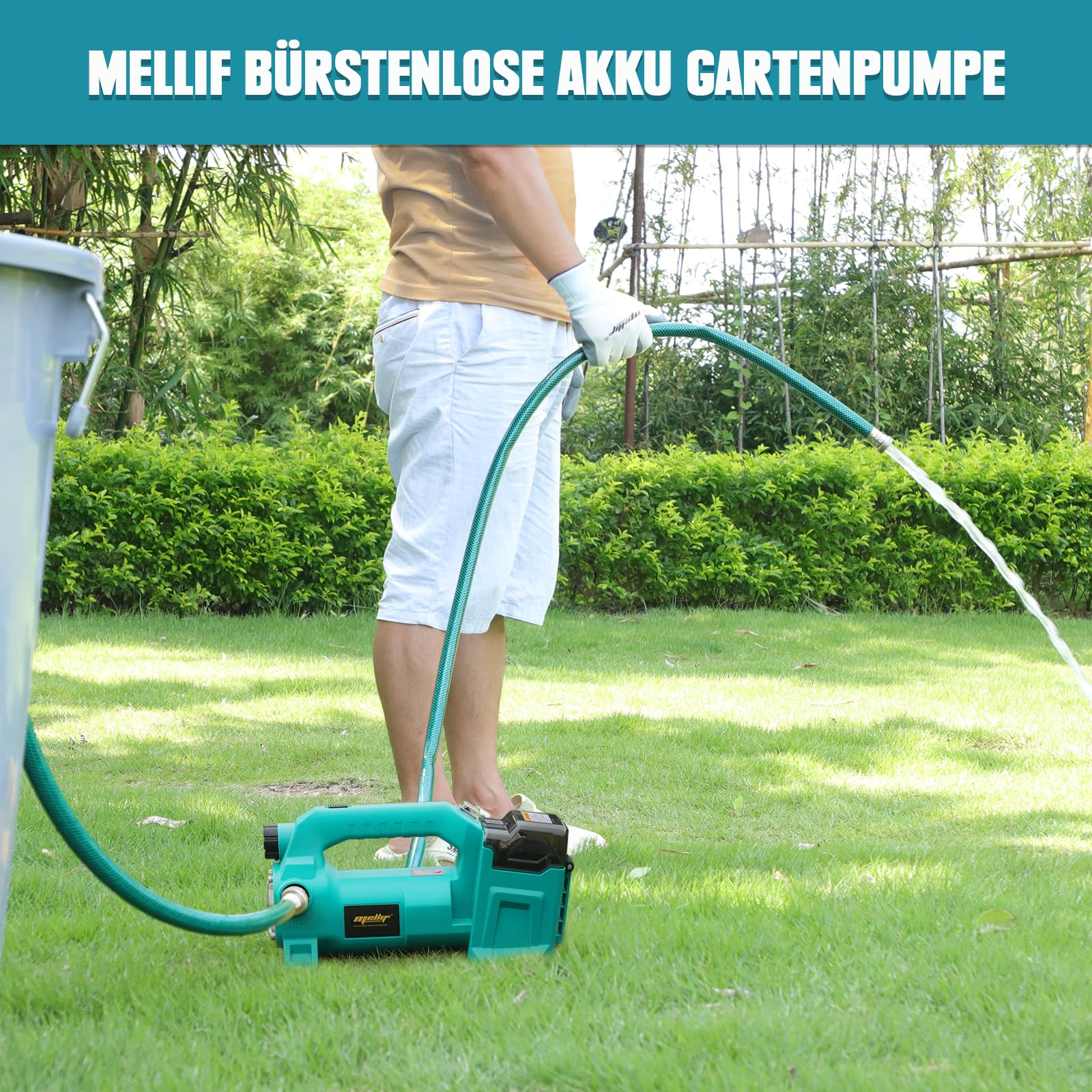 Mellif Akku Wasserpumpe für Makita Akku 18V, Gartenpumpe mit Akku 4000 mAh,Bürstenlos Motor,Fördermenge 1895 L/h,Förderhöhe 18 m,LED Licht für Garten (inkl. MELLIF 2 Akku 2.0 Ah + 1 Ladegerät 2.0Ah) 8