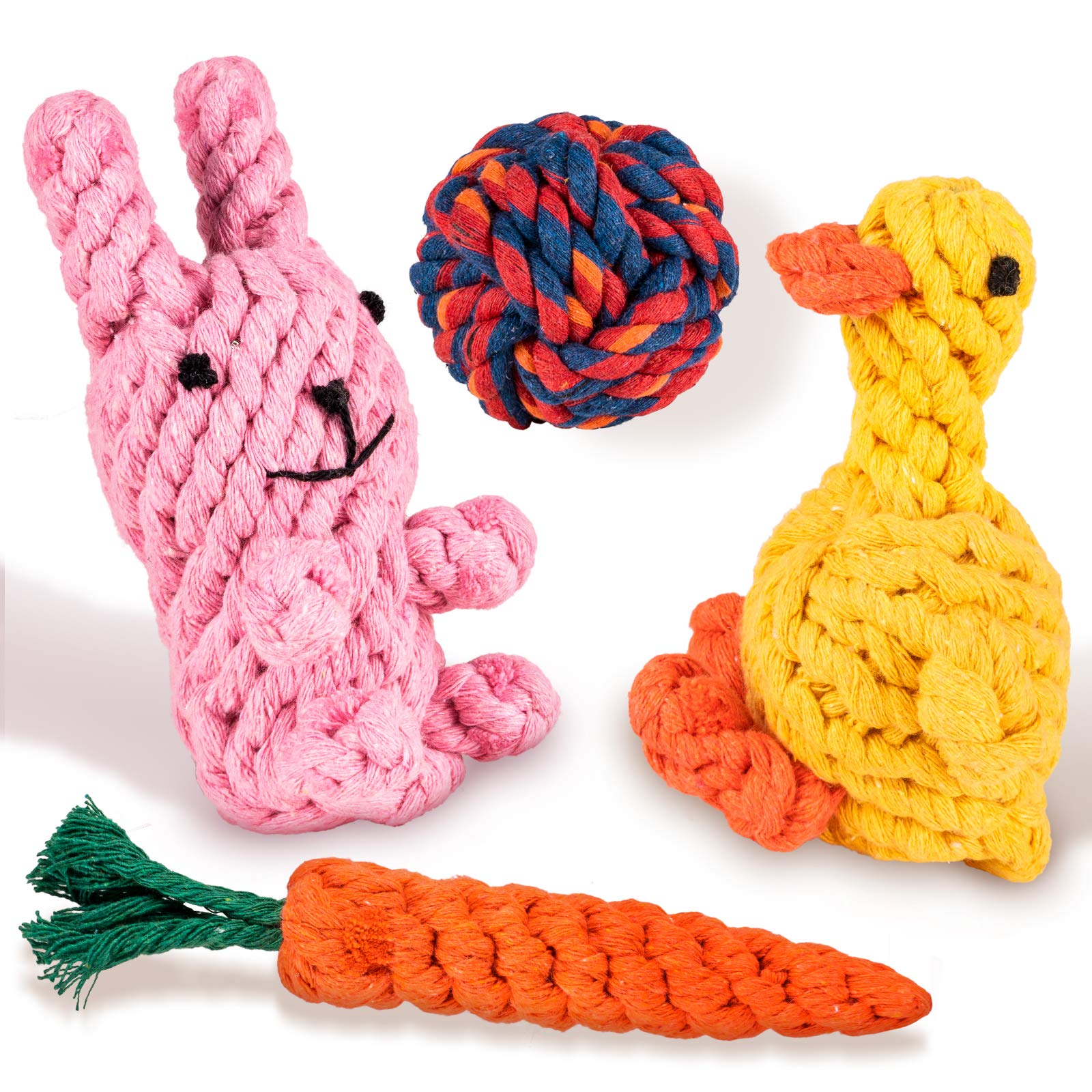 Whaline 4PCS Easter Dog Toy Kit Puppy Chew Toy Carrot Ball Rabbit Yellow Duck Cotton Rope Toy for Easter Pet Gifts Small Medium Large Dog Pets Playtime Teeth Cleaning