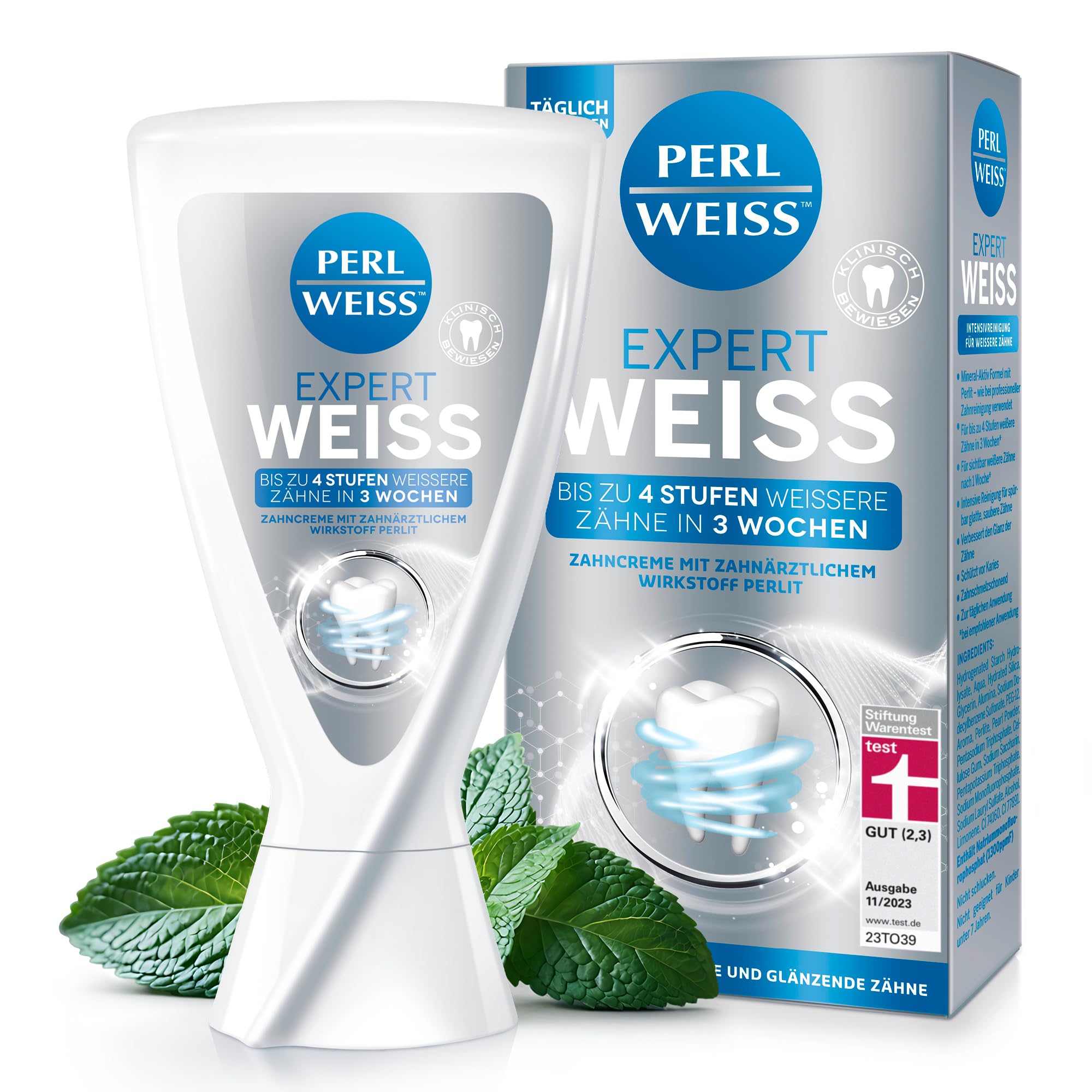 PERLWEISS Expert Weiss Zahncreme – Bis zu 4 Stufen weißere Zähne in 3 Wochen – Zahnpasta für weiße Zähne wie beim Zahnarzt – zahnschmelzschonende Zahnaufhellung & Glanzpflege mit Perlit
