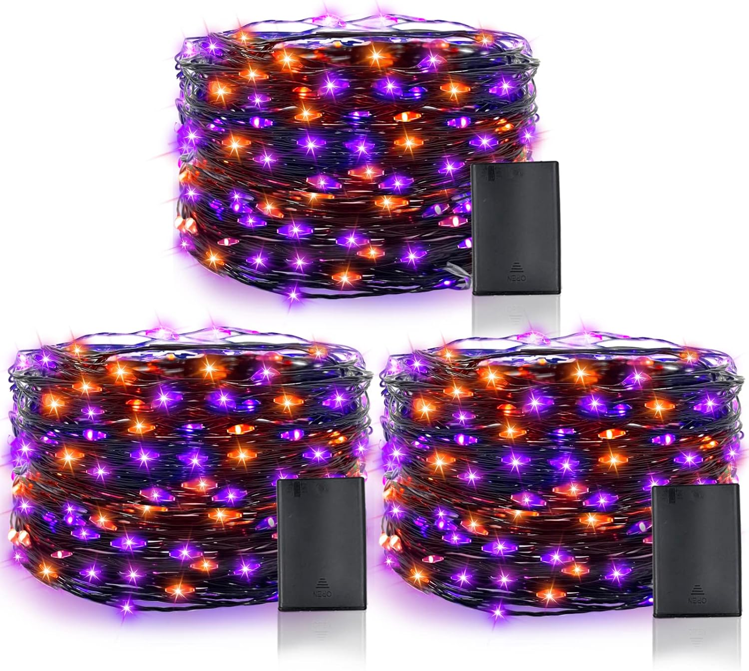 String Lights - TURNMEON 3 Set Halloween String Lights with Timer, Purple and Orange Battery Powered Copper Wire Fairy Lights, Halloween Decoration Outside Yard Party Home Indoor Outdoor, 10 Ft 30 LED Each