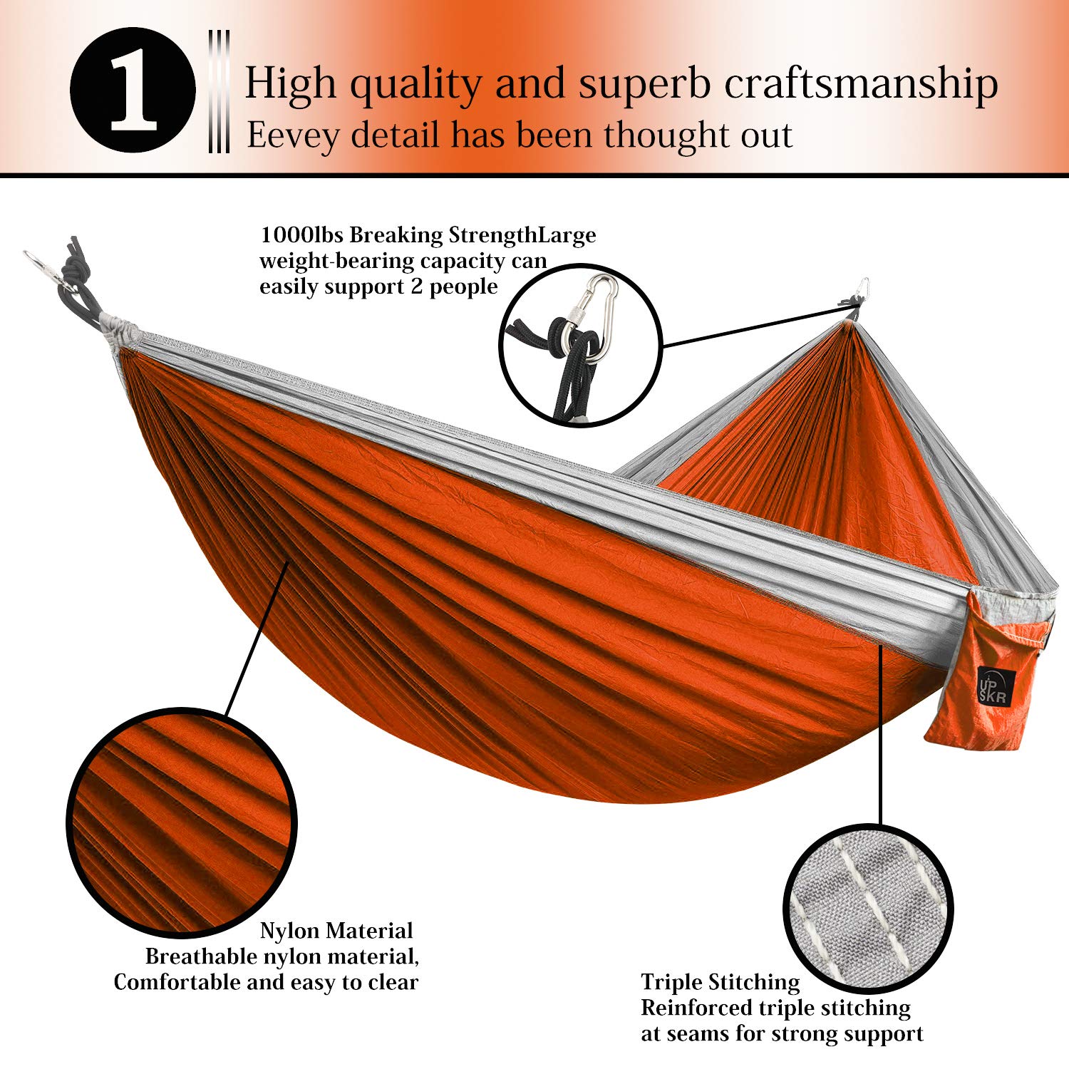 ラウンジャー 旅行 庭 ビーチ バックパッキング ハイキング キャンプ アウトドア ハンモック パラシュート ポータブル リップストップ 70d 軽量 ハンモック キャンピング ダブル Upskr 高耐久 B07k26z84f Hammock Orange 1000ポンド 耐荷重 ギア ハンモック 2年保証