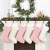Soulchen 6 Pack 20 Inch Christmas Faux Fur Stockings White and Pink Christmas Plush Stockings Xmas Hanging Stocking Candy Gift Bags for Mantels Holiday Tree Ornaments Family Party Decorations