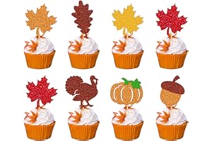YOYMARR Set of 47 Thanksgiving Cupcake Topper Turkey Pumpkin Autumn Fall Maple Leaves Harvest Theme Cake Picks for Happy Thanksgiving Day Party Supplies Glitter Decorations