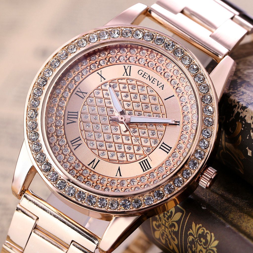 JSDDE Rose Gold Ladies Bracelet Watch Roman Numerals Luxury Rhinestone Shining Face Metal Band Wrist Watch