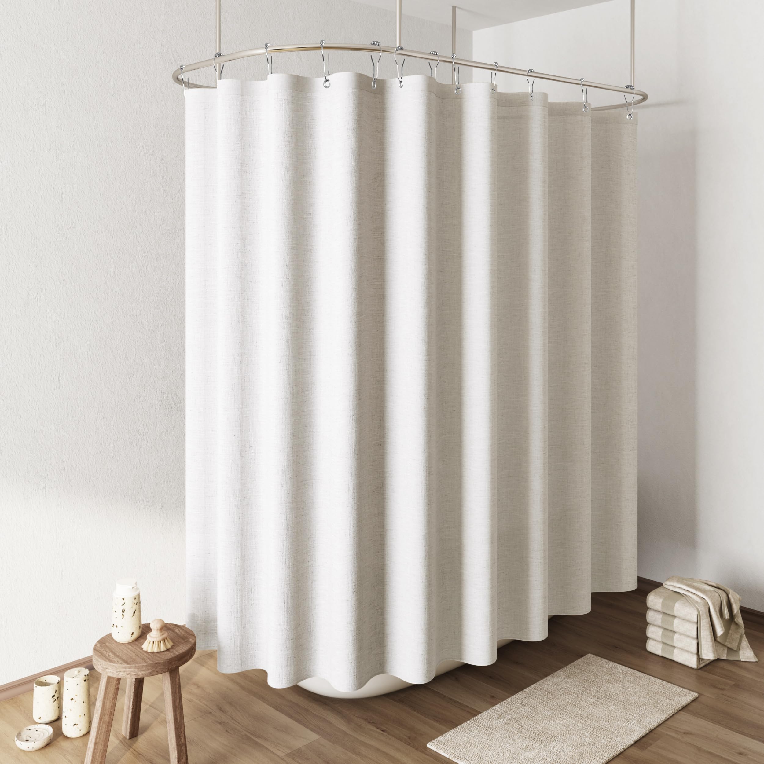 Naturoom Beige White Extra Wide Linen Shower Curtain, Country Boho Farmhouse Bath Decor Shower Curtains Neutral Cloth Weighted Textured Fabric Bath Curtain Liner with Hooks, 108x72 Image
