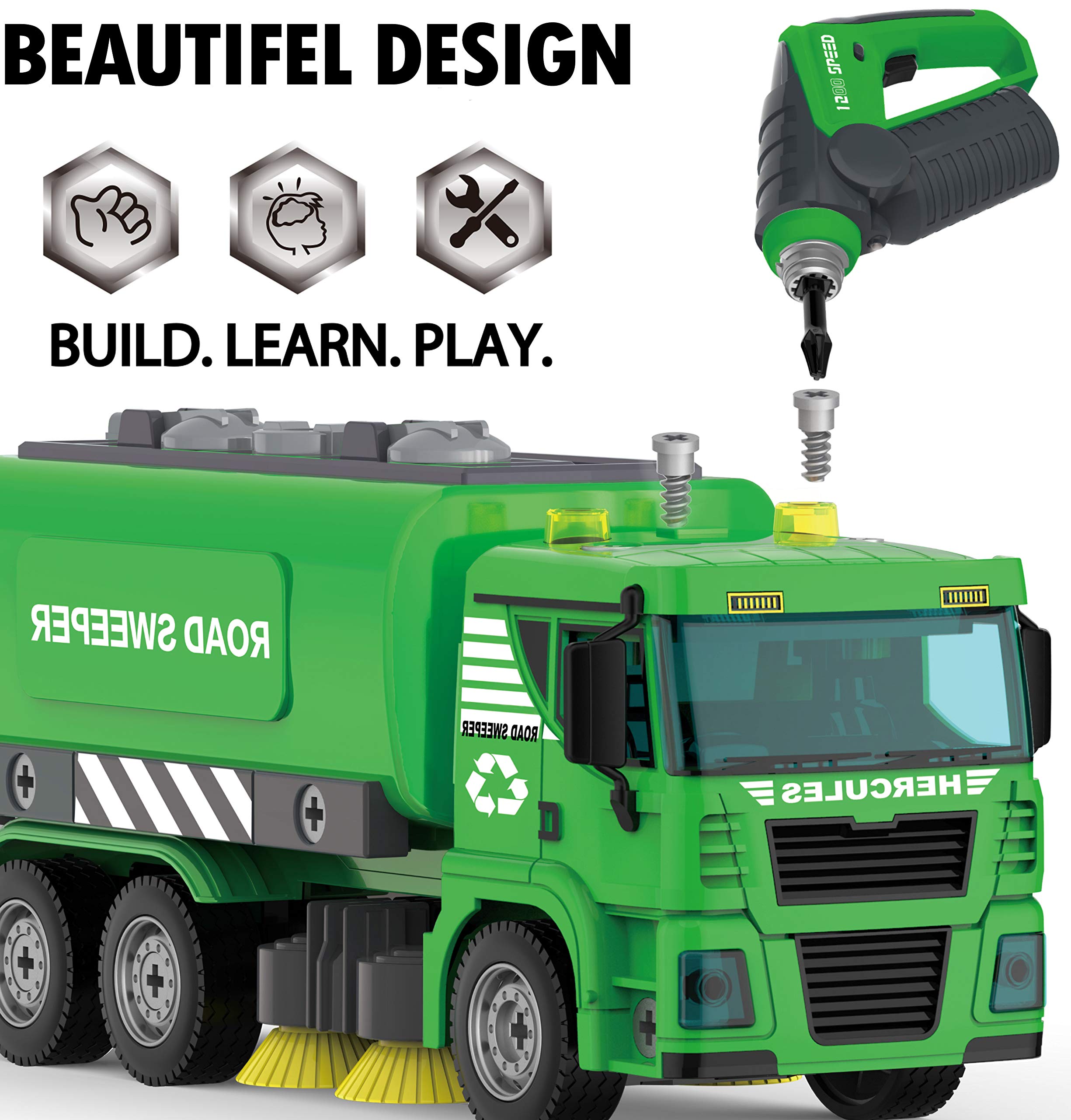 Street Sweeper Toy - 130 Pcs Friction Power STEM Take Apart Toys with Drill, Push & Go Lights & Sounds for Kids - Sanitation Trash Construction Vehicle Playset for Boys Ages 4 5 6 7 8 Years Old