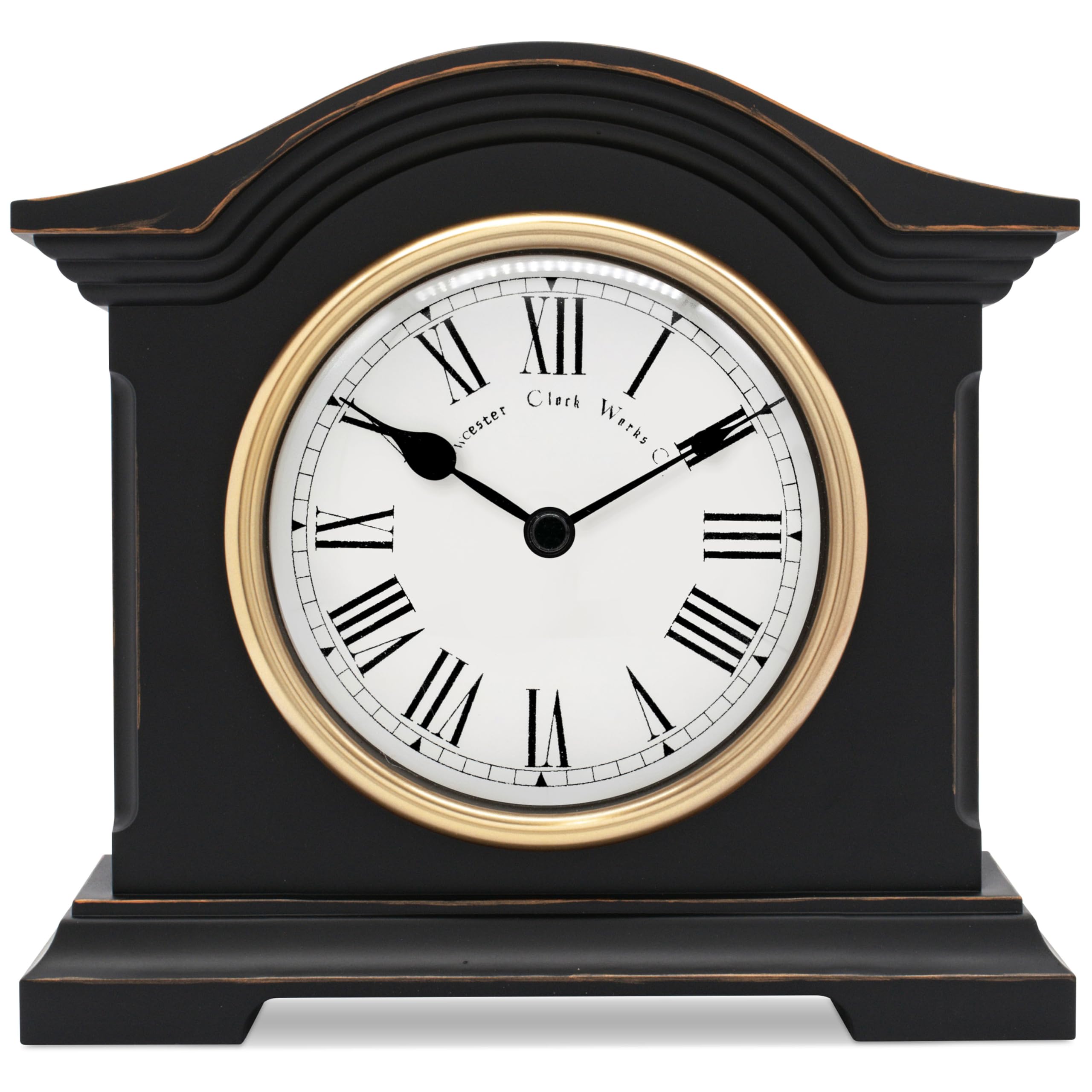 Acctim Falkenburg vintage mantel clock in black with roman numerals, quartz battery mantelpiece clock with aged effect case, antique brass bezel and glass lens for living room