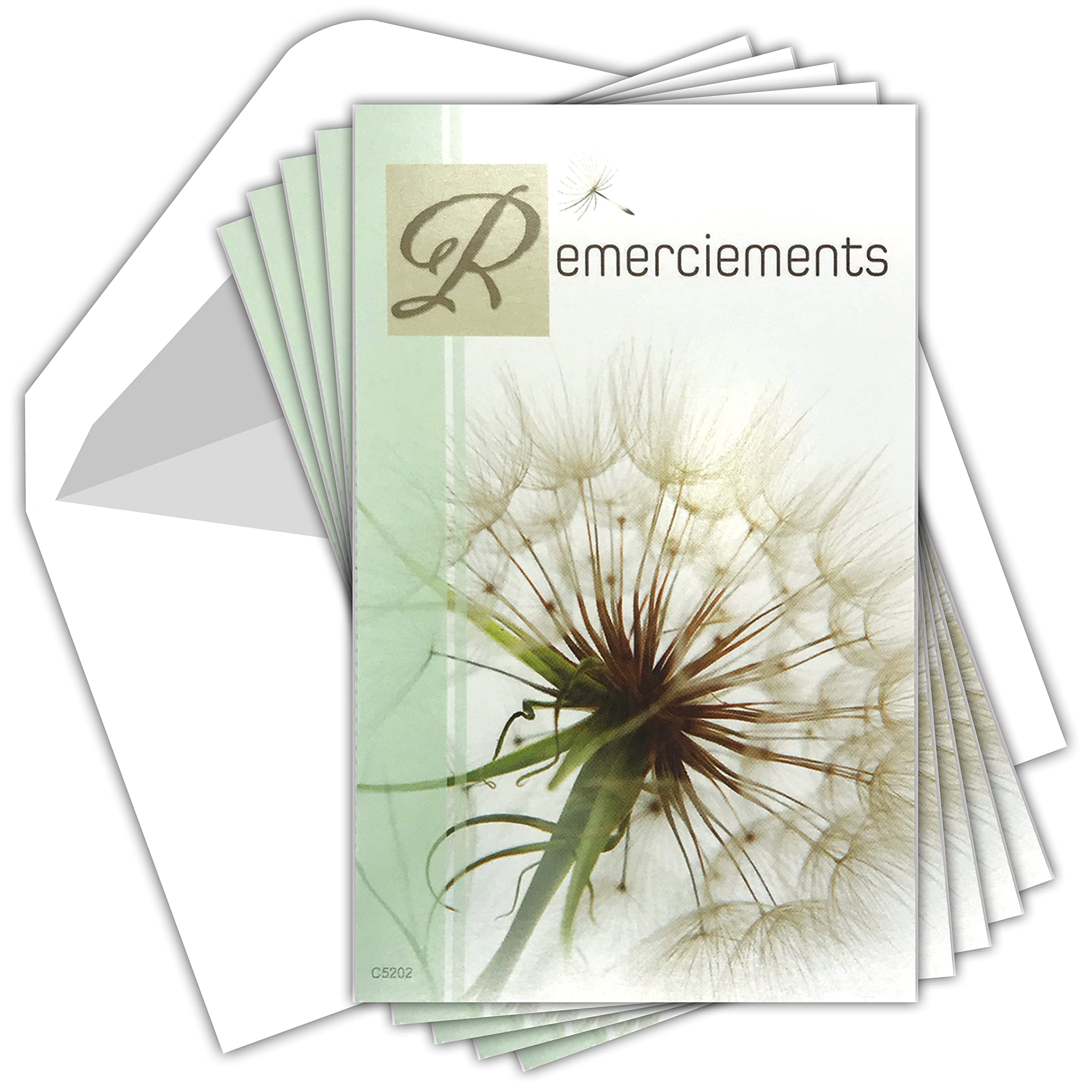 Afie C5202 Thank You Sympathy Pack of 5 Identical Cards + 5 White Envelopes Size 9 x 14 cm Funeral Death Mourning Dried Flower Dandelion Seeds Sowing Pouch Made in France