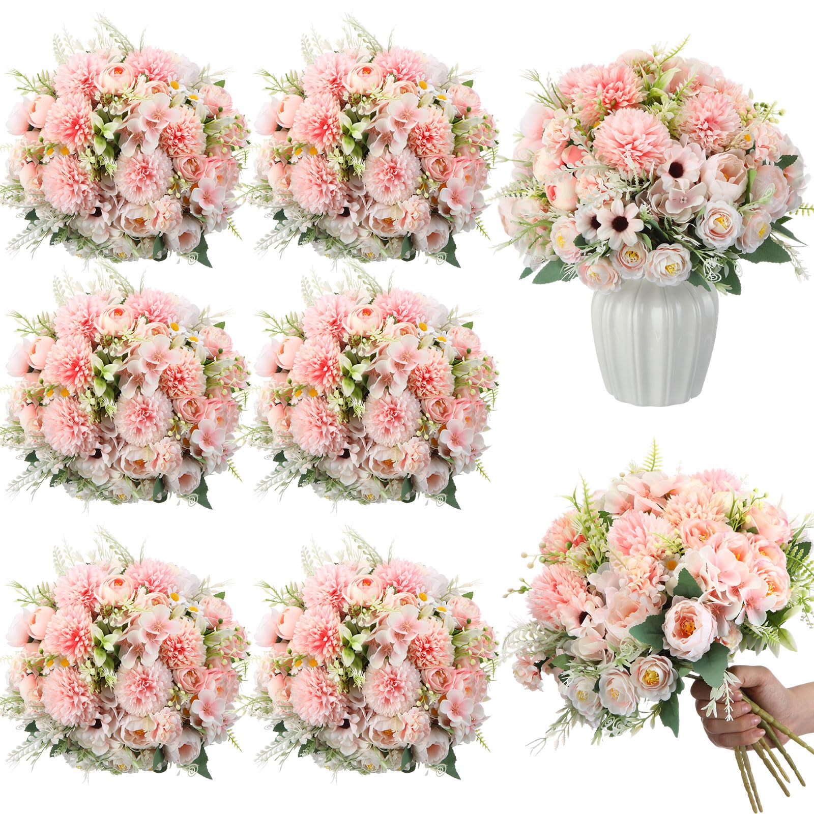 Photo 1 of Tigeen 6 Bundles Artificial Bouquet Flowers Artificial Peonies Faux Roses Silk Flowers Hydrangea Bouquet for Wedding Table Centerpiece Floral Vase Decor (Pink)