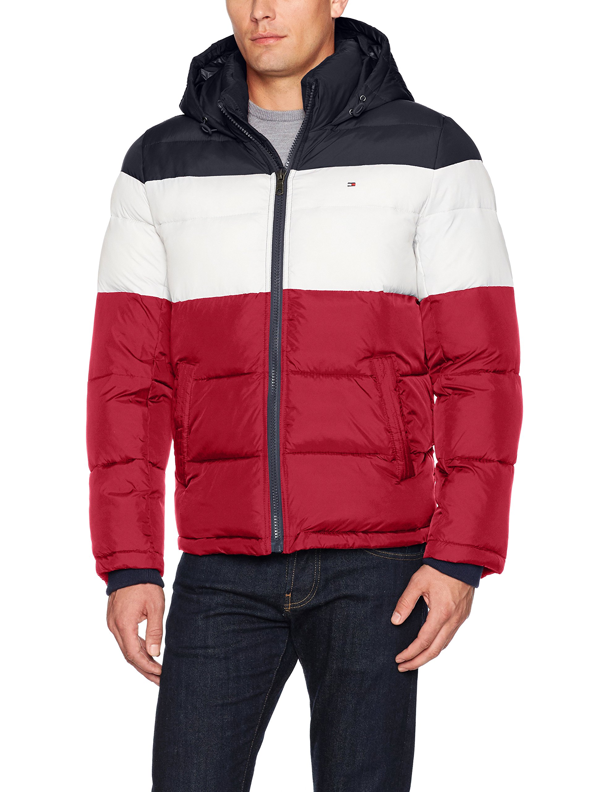 Tommy Hilfiger Men's Classic Hooded Puffer Jacket, Midnight/White/Red