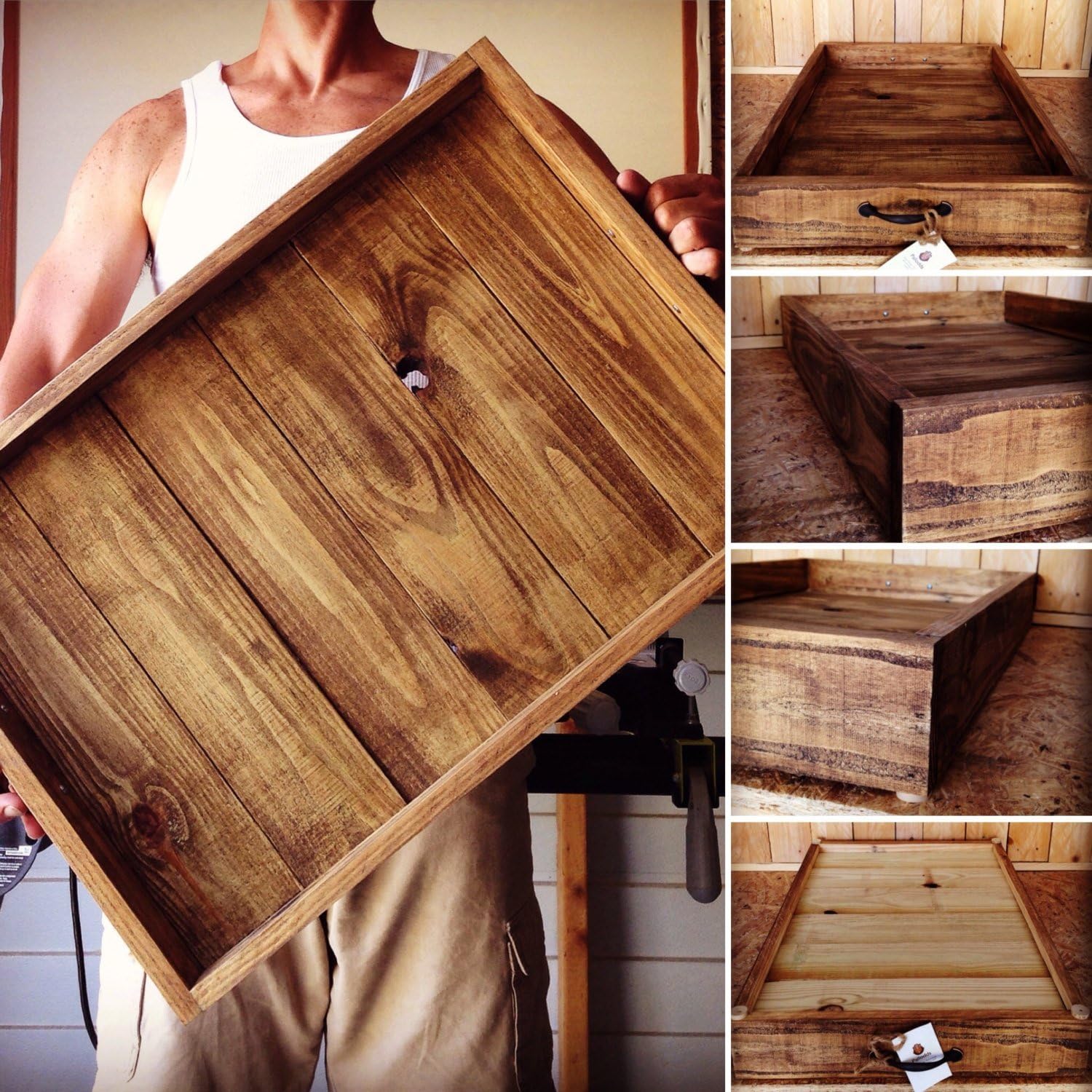 Wood Serving Tray with Handles, Rustic Wood Serving Tray with Handles, Reclaimed Wood Serving Tray with Handles by Pallodds