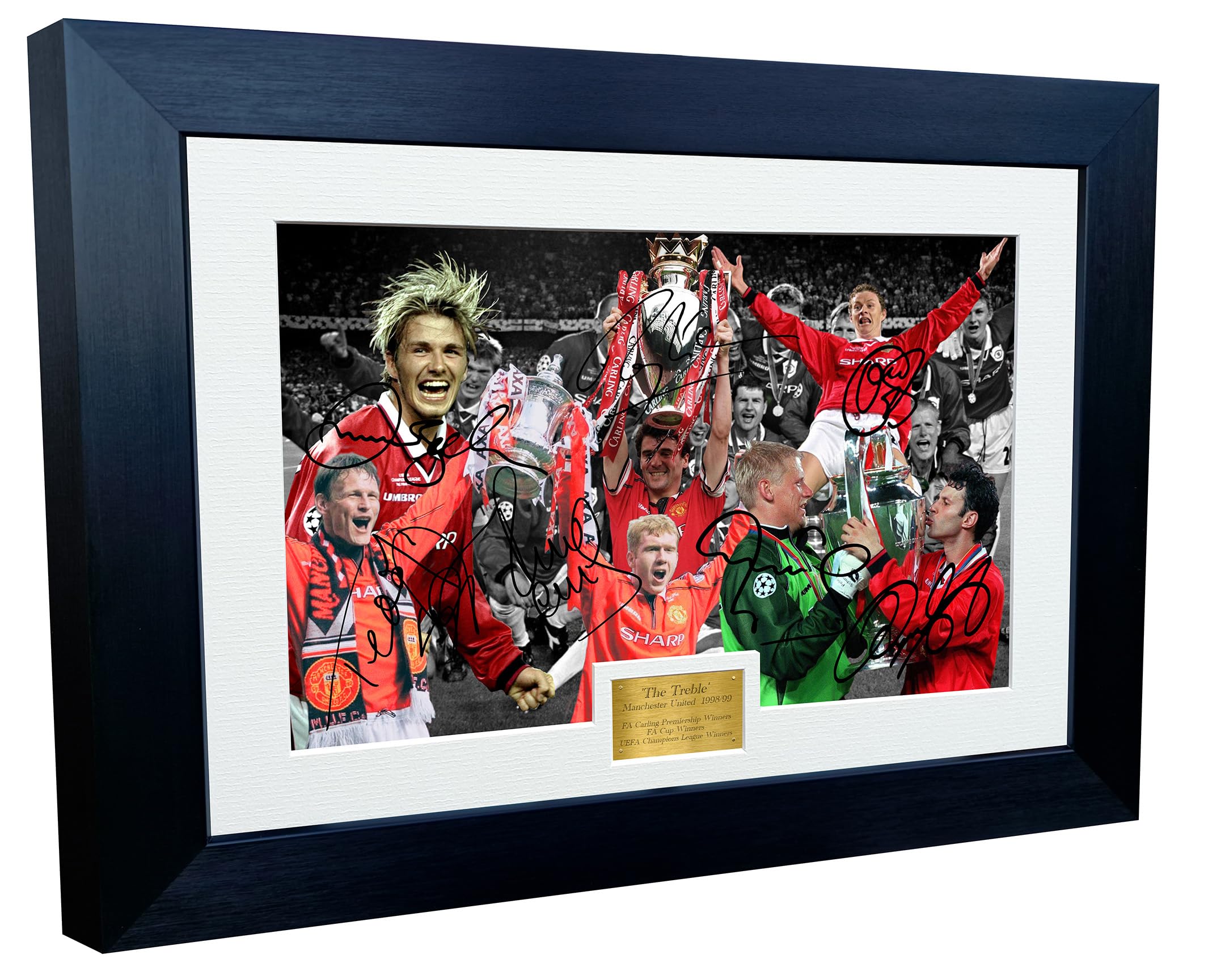 Kitbags & Lockers 1999 'THE TREBLE' Manchester United Beckham Giggs Sheringham Scholes Keane Solskjaer Schmeichel 12x8 A4 Autographed Signed Photo Photograph Picture Frame Soccer Gift