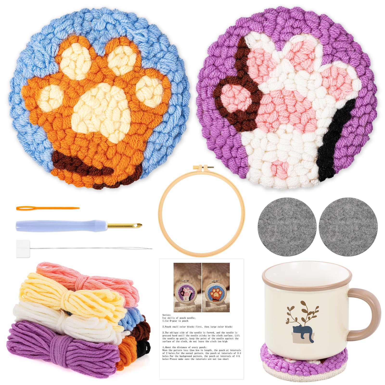 JSRQT 2 Pieces Punch Needle Coaster Kits, Rug Hooking Cross Stitch Beginner Kits for Adults with Cat Claw Pattern, DIY Craft Punch Needle Embroidery Starter Kit Coasters for Drinking Cup, Home Decor