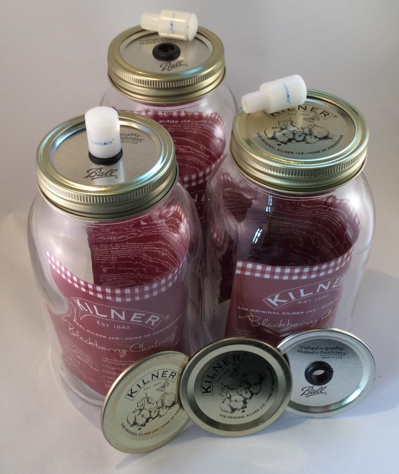 3 x 1 Litre Kilner Jars with 2 part metallic lids plus 3 metal SteriLID's and 3 SteriLock Airlocks