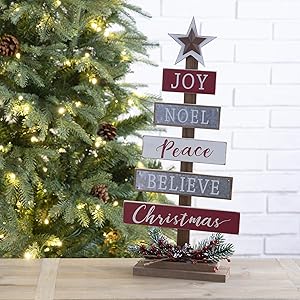 Glitzhome 20 Inch Wooden Christmas Tree Table Decor Farmhouse Christmas Tree with Berries Holiday Decoration with Metal Star Joy Noel Peace Believe Christmas Tabletop Tree Shape Centerpiece