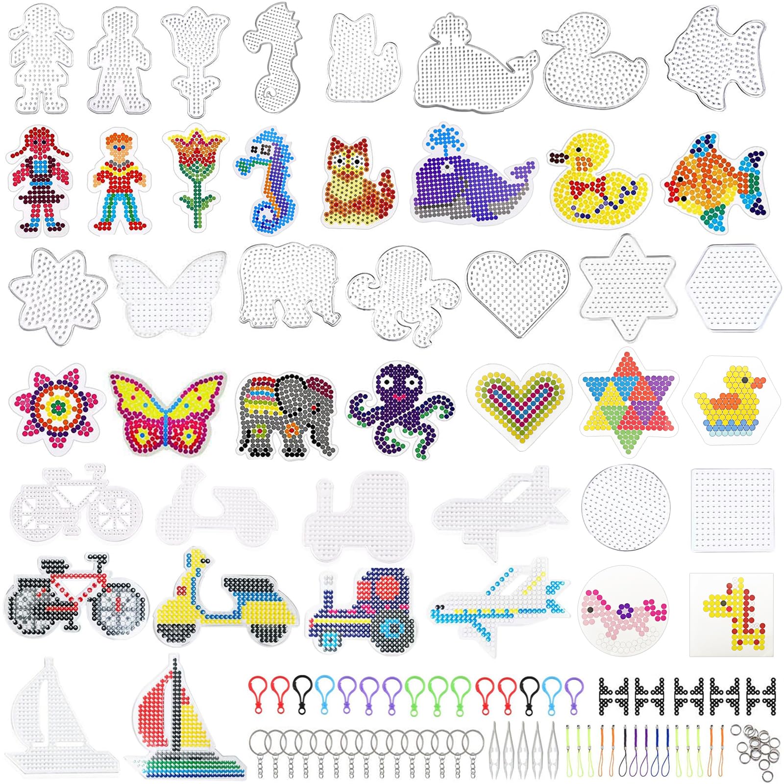 Photo 1 of 22 Pieces 5mm Fuse Beads Pegboards Clear Animal Shape Plastic Pegboards Craft Tray with 22Colorful Cards,5Tweezers,30Keychains,15Hang Ropes,22Small Hoops and 12Holders?for Youngster DIY Craft Beads