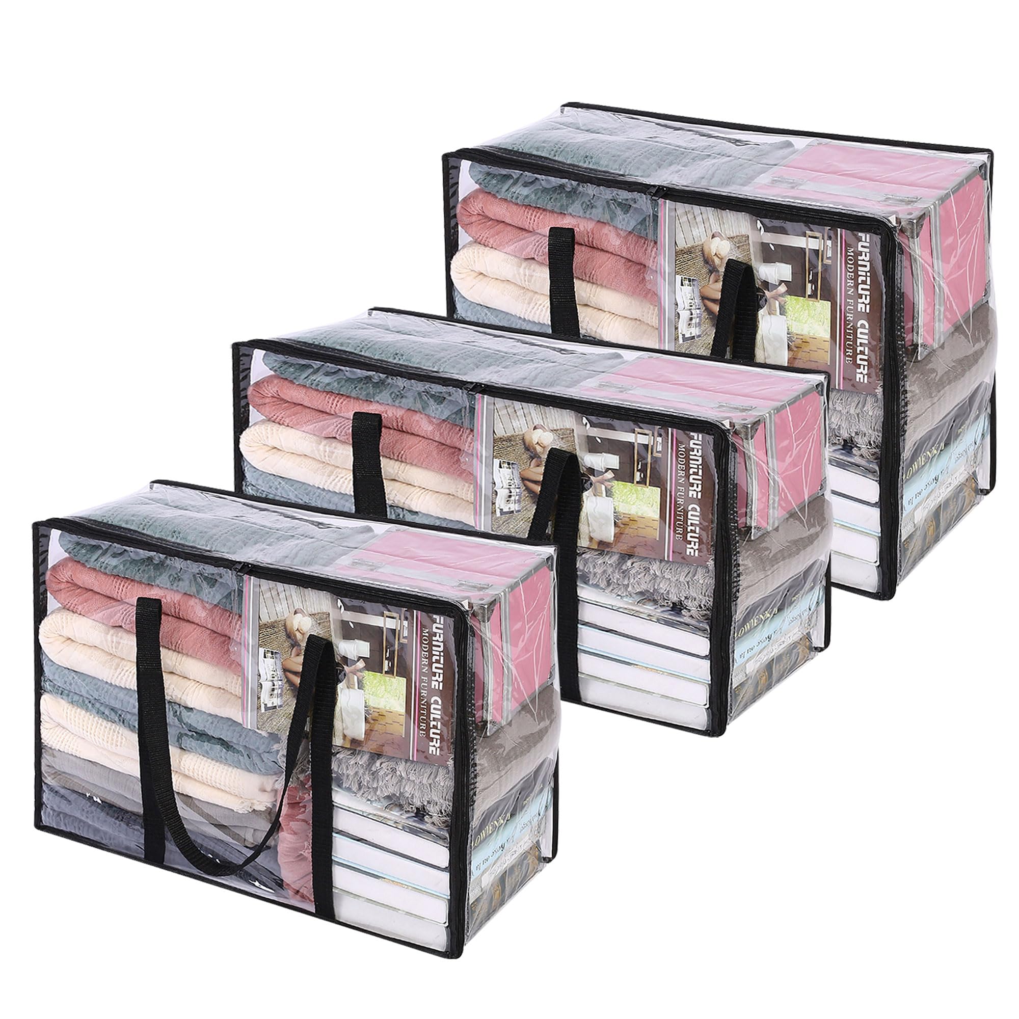 Vieshful 3 Pack Clear Comforter Storage Bag, 40L + 60L + 90L Clothes Storage Bag with Zipper Closet Organizer, Plastic Storage Containers Moving bags for Comforter, Blanket, Bedding, Duvet, Toys