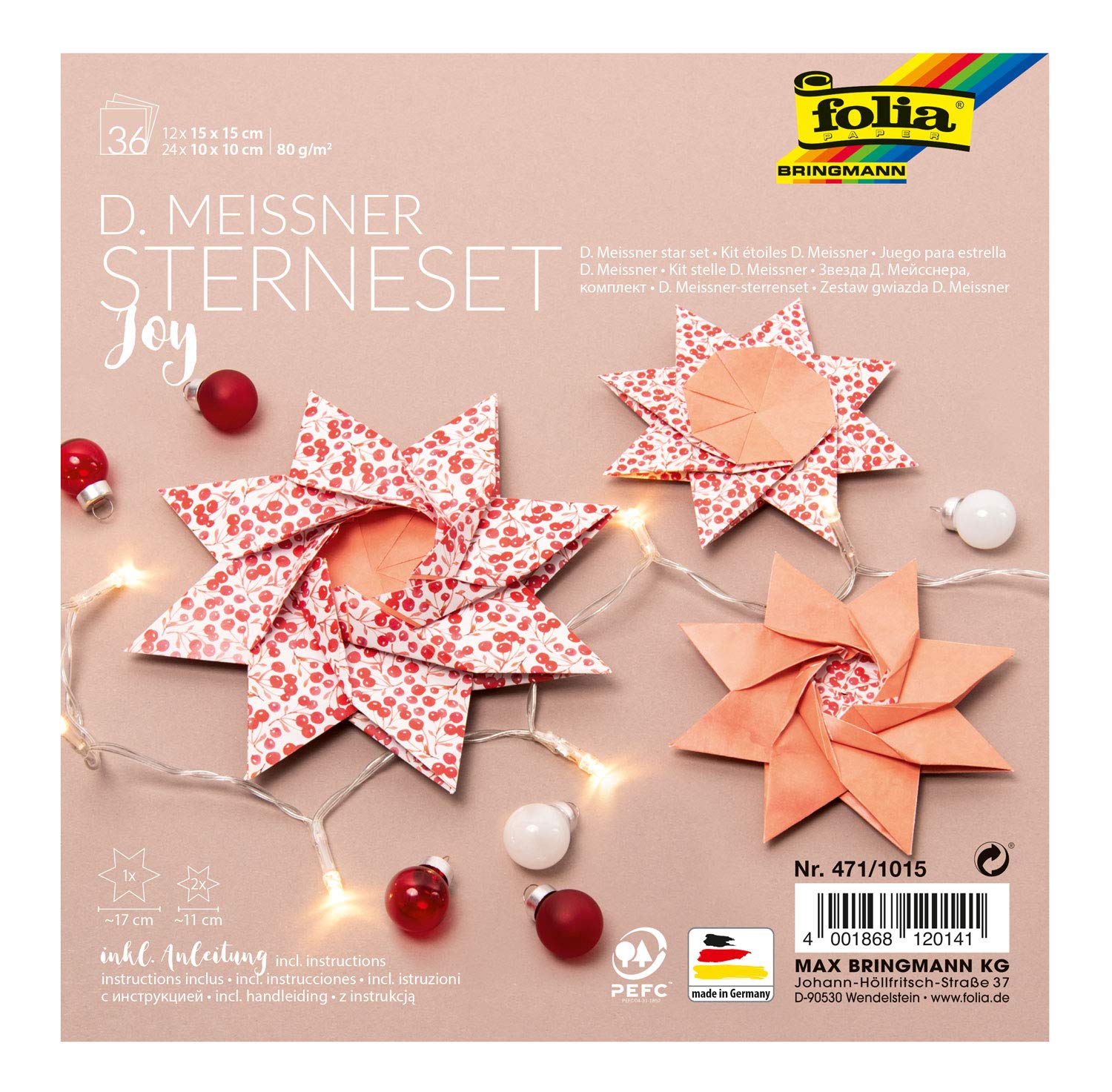 folia D. Meissner 471/1015 Star Set Joy, Folding Stars Craft Set with 36 Sheets (80 g/m²), for One Large and 2 Small Stars, with Instructions (English language not guaranteed), for Timeless Decoration