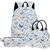 Scovotec Butterfly 3PCS Backpack Set for Teens Elementary Middle High School, 17 Inch Lightweight Classic Bookpack 3 in 1 Set for Girls Boys, Kids Back to School Backpack with Lunch Box Pencil Case