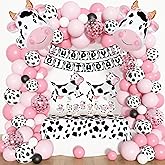 Amandir 115PCS Pink Cow Party Decorations - Balloon Garland Arch Kit with Cow Print Balloons, Happy Birthday Banner, Cake Topper for Girl Baby Shower, Farm Animals Themed Birthday Party Supplies