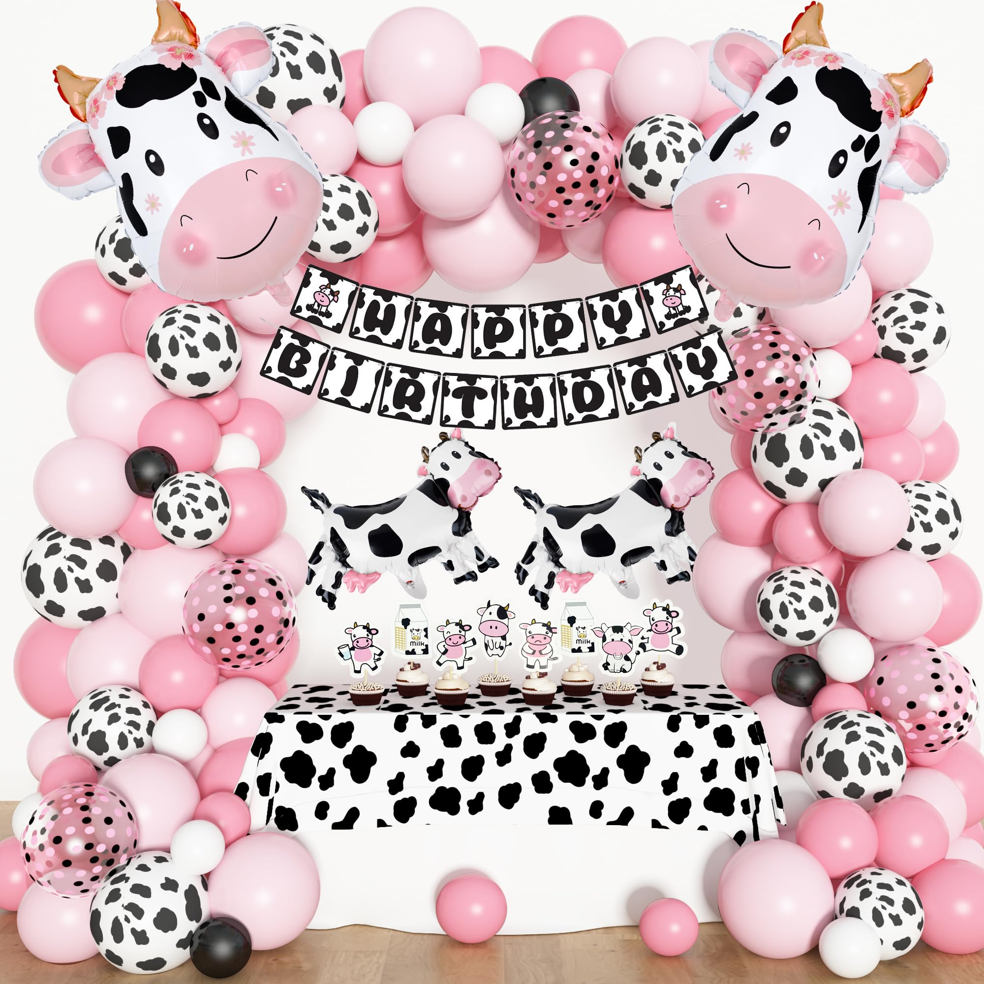 Photo 1 of Amandir 115PCS Pink Cow Party Decorations - Balloon Garland Arch Kit with Cow Print Balloons, Happy Birthday Banner, Cake Topper for Girl Baby Shower, Farm Animals Themed Birthday Party Supplies
