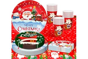 Christmas Party Tableware Set, 16 Guests Christmas Party Plates and Napkins Cups Tablecloth etc Xmas Party Tableware
