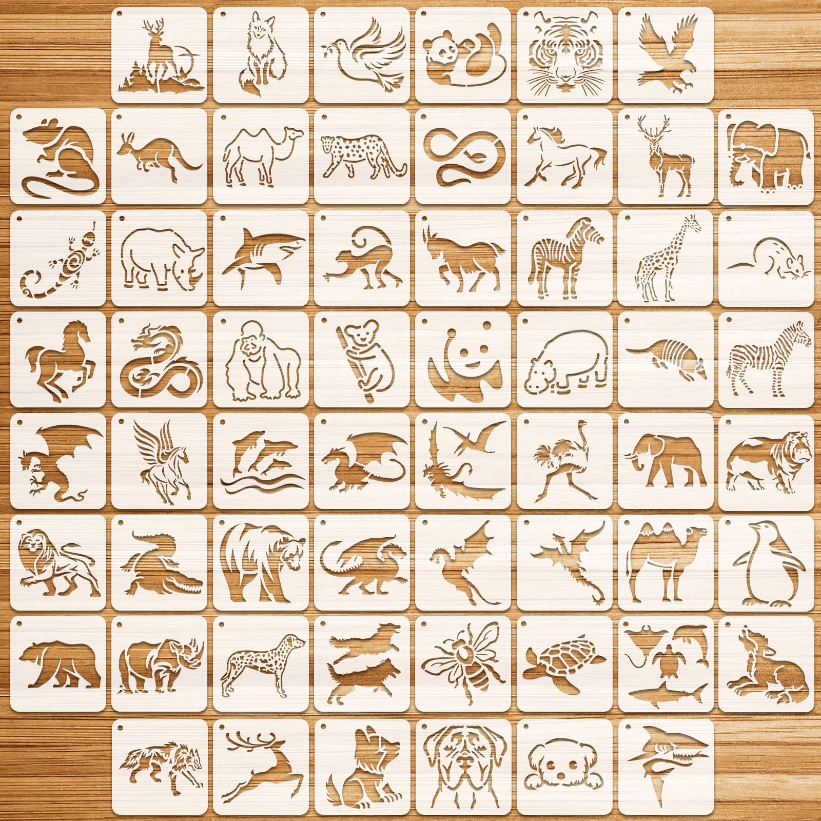 OOTSR 60 Pcs Painting Stencils for Craft Reusable, Drawing Craft Stencils DIY, 3" Templates of Wildlife Sea-Life Dragon Horse Sheep Wolf Eagle, for Scrapbooking Furniture Wood Wall Home Decor