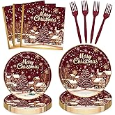 Merry Christmas Paper Plates and Napkins Sets - Serves 24 Christmas Party Supplies Tableware Set Plates and Napkins Forks for Xmas Party Supplies