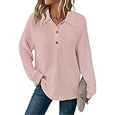 Balivsa Womens Tops Waffle Knit V-Neck Long Sleeve T-shirts Button Down with Pockets Tunic Fashion Clothing