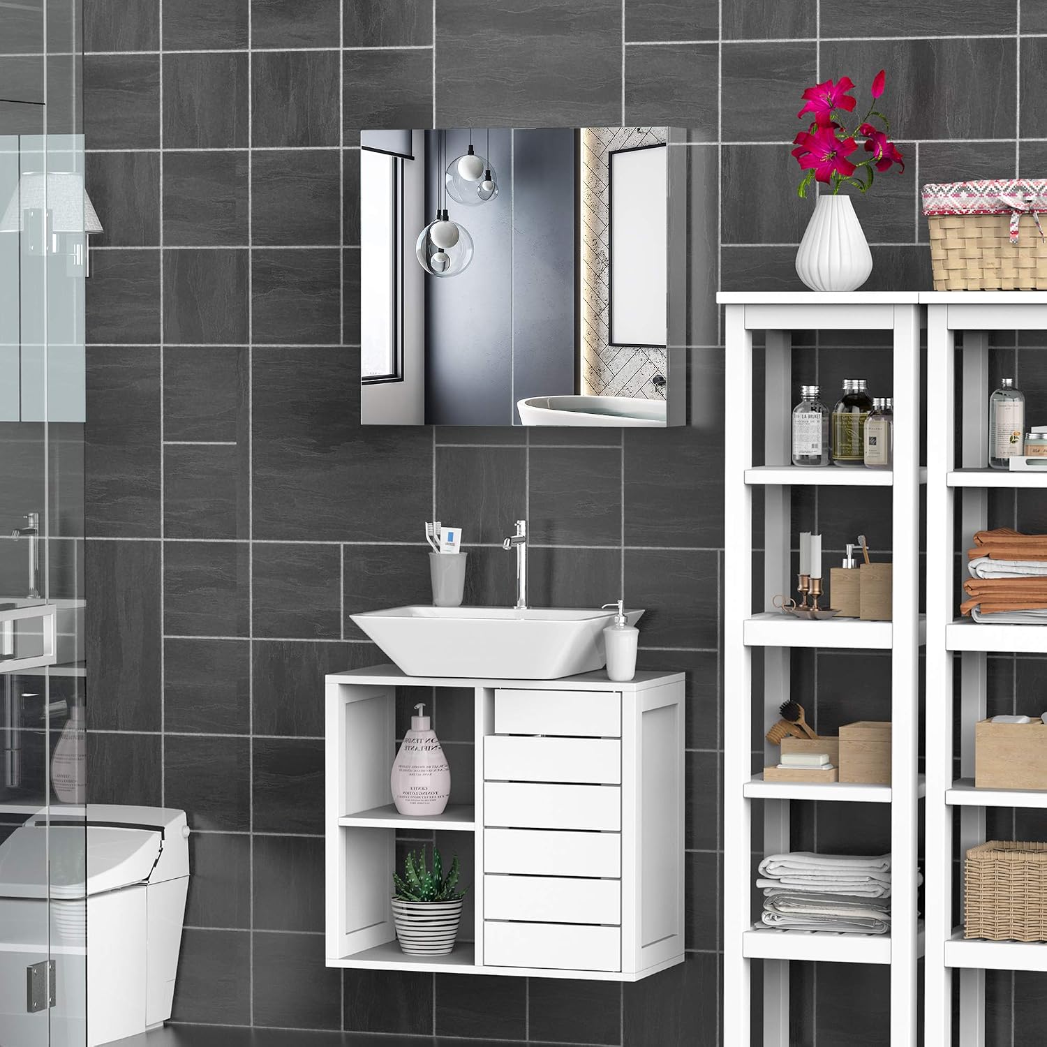 HOMCOM Bathroom Mirror Cabinet, Stainless Steel Wall Mounted Bathroom Storage Cabinet with Double Doors, 60x55cm - Image 5