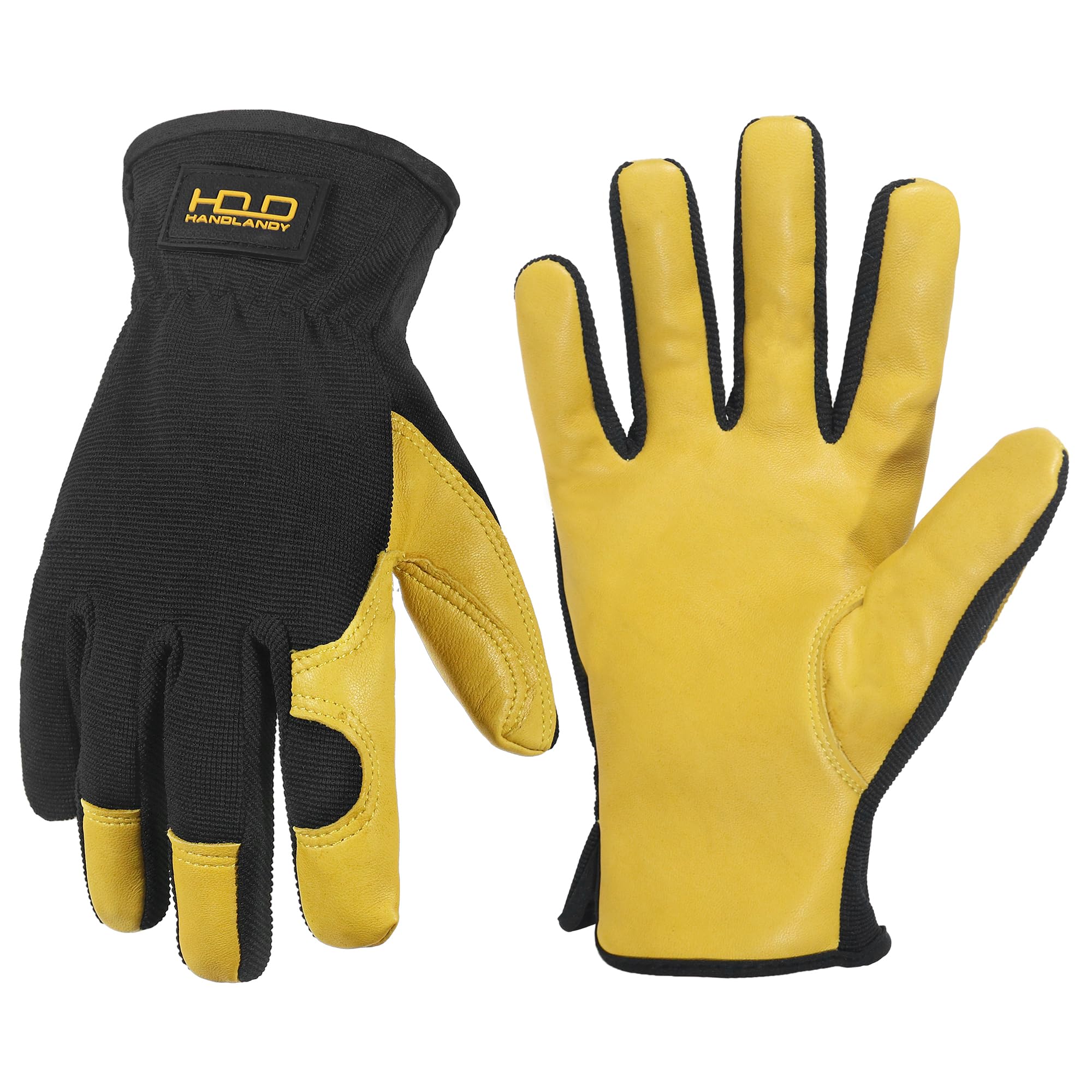 HandLandy Men's Leather Utility Gardening Gloves, Dexterity & Breathable Construction Gloves for Garden & Building Work (Yellow-Black, M)